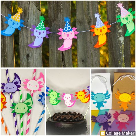 Axolotl Party Kit- Including a multi-colored banner (5.5 ft), a cake topper,  straws, & favor bags.  **All items are made to order if you have any special requests feel free to ask, I will do my best to make accommodations. Axolotl Party Food, Axolotl Party Decorations, Axolotl Birthday Party Decorations, Axolotl Birthday Party Ideas, Axolotl Party Ideas, Axolotl Birthday Party, Axolotl Party, Biodegradable Balloons, Book Day Costumes