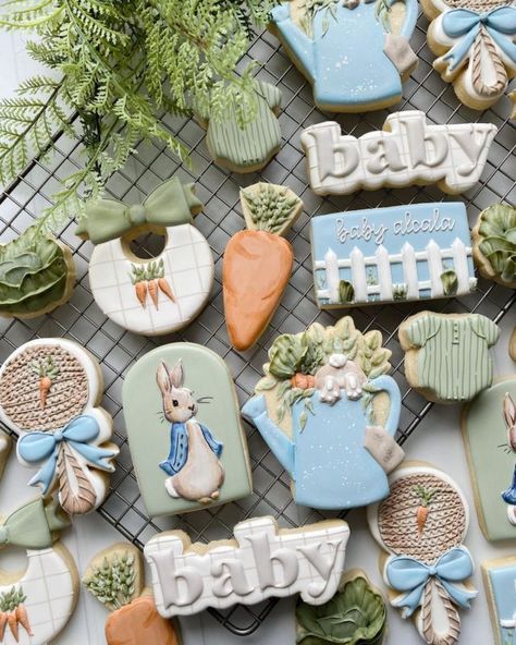 Rabbit Cookies, Easter Baby Shower, Bunny Birthday Party, Peter Rabbit Birthday, Peter Rabbit Party, Easter Sugar Cookies, Party Cookies, Baby Shower Theme Decorations, Bunny Baby Shower