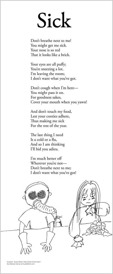 Funny children's Poem about health and getting sick. Great for school and classroom activities. common core  1st grade,  2nd grade,  3rd grade reading Choral Reading Piece, Oral Reading Poems, Uil Oral Reading Poems, Short Funny Poems, Funny Poems For Kids, Silly Poems, Poetry Writing Activities, Poems About School, Reading Poems