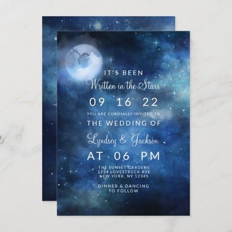 Lunar Sky Full Moon Celestial Galaxy Stars Wedding Invitation Popular Wedding Themes, Bridal March, Stars Wedding, Stars Wedding Invitations, Wedding Invitation Size, Moon Wedding, Wedding Ceremony Programs, Celestial Wedding, Watercolor Galaxy