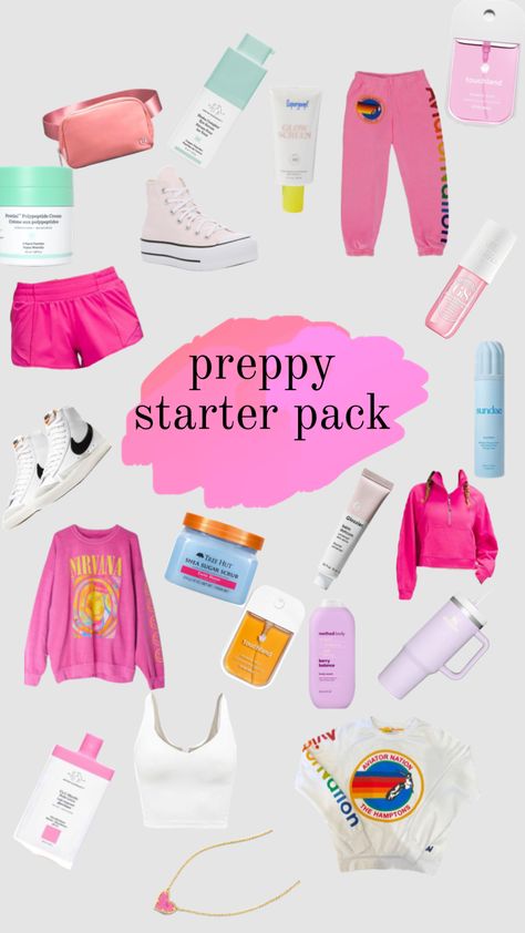 preppy starter pack!#preppystarterpack #preppy #outfitinspo #beauty Preppy Starter Pack, Hairstyles Preppy, Preppy Hairstyle, Preppy Packing, Preppy Items, Preppy Hair, Preppy Cowgirl, Shuffles Preppy, Preppy Essentials