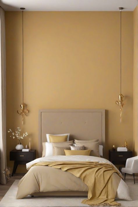 home decor interior design,home interior design,interior design space planning,designer wall paint Golden Rod Paint Color, Honey Bedroom, Stylish Bedroom Design, Golden Wall, Bedroom Wall Paint, Gold Bedroom, Paint Can, Bedroom Paint Colors, Walls Room