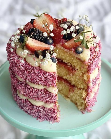 Coconut and Raspberry Cake — Alice Fevronia Vegan Coconut Raspberry Cake, Coconut Buttercream, Lemon Mousse, Crunch Cake, Vegan Coconut, Raspberry Cake, Pink Foods, Brownie Cake, Coconut Cake