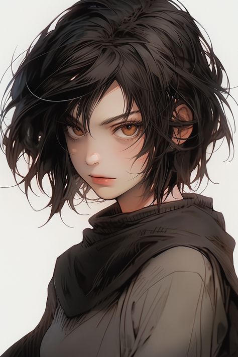 Dnd Fighter Character Design, Lv Outfit, Female Anime Characters, Stylish Illustration, Short Dark Hair, Fighter Girl, Anime Black Hair, Short Brown Hair, Girls With Black Hair