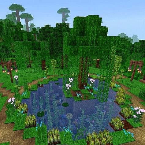 Minecraft pond How To Make A Pond In Minecraft, Minecraft Fishing Pond Ideas, Minecraft Building Ideas Pond, Ponds In Minecraft, Koi Fish Pond Minecraft, Mc Pond Ideas, Minecraft Duck Pond, Ocelot Enclosure Minecraft, Cute Minecraft Pond Ideas