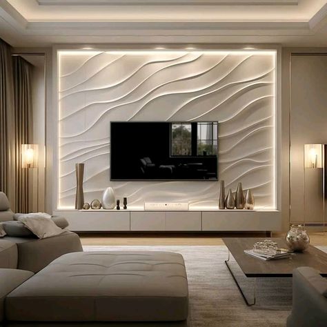 Plaster Tv Wall Design, Wall Pannel Ideas Entrance, Tv Design Wall Modern, High Ceiling Tv Wall Ideas, Tv Wall Decor Living Room Modern Luxury, Elegant Living Room Decor Luxury, Tv Zone Interior Design, Wall Texture Design Living Rooms, Bedroom Back Wall Design