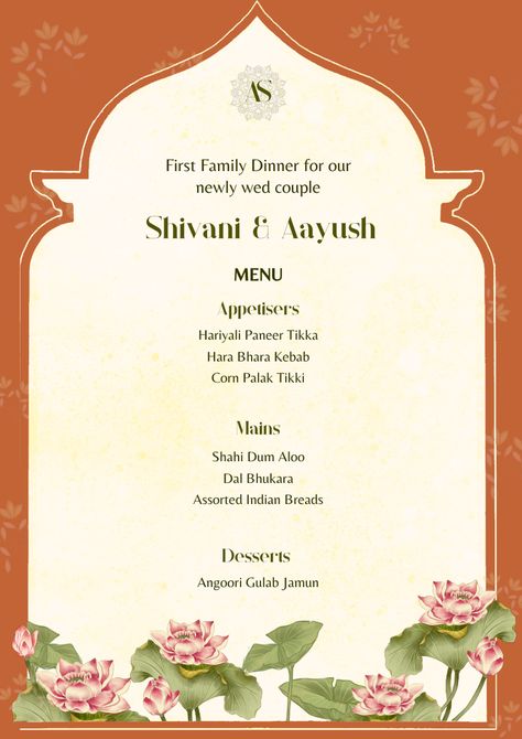 A fully free customisable Indian wedding invite template. Designer, floral, Indian Indian Wedding Dinner, South Indian Menu Design, South Indian Food Menu Design, Indian Restaurant Menu Design Ideas, Lotus Flower Wedding Invitation, Indian Restaurant Menu Design Templates, Indian Wedding Invite, Party Food Menu, Jaipur Wedding