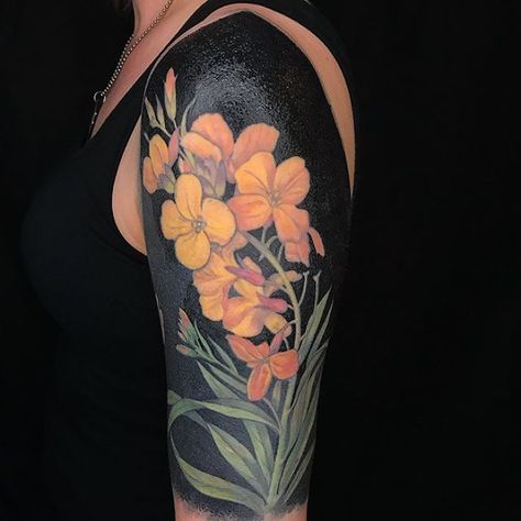 Colour Floral Tattoo, Over Shoulder Tattoo, Blast Over Tattoo, Esther Garcia, Brand New Tattoos, Vintage Flower Tattoo, Art Muse, Solid Black Tattoo, Blackout Tattoo