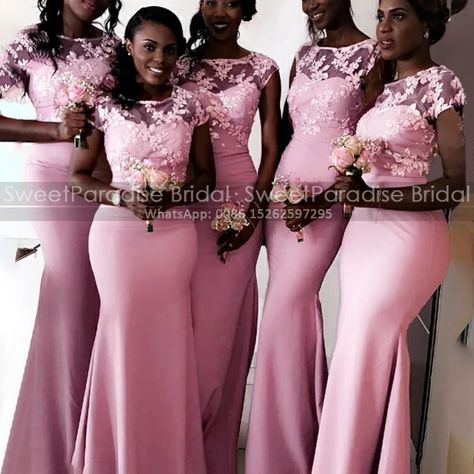 Floral Appliques Mermaid Bridesmaid Dresses With Capped Sleeves Sheer Neck Long Sheath Pink Party Dress Wedding Guest - AliExpress Bridal Maid Dress, Braids Maid Dresses, Nigerian Bridesmaid Dresses, Bridal Train, Latest Bridesmaid Dresses, Mermaid Long Bridesmaid Dresses, Pink Party Dress, Gorgeous Bridesmaid Dresses, Hand Dress