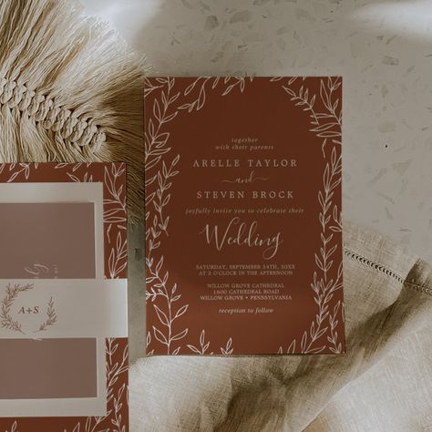 Minimal Leaf | Terracotta Wedding Invitation Wedding Invitations Fall, Fall Desert, Whimsical Minimalist, Terracotta Wedding Invitation, Minimalist Leaves, Bohemian Autumn, Rustic Wedding Stationery, Wedding Menus Design, Fall Deserts