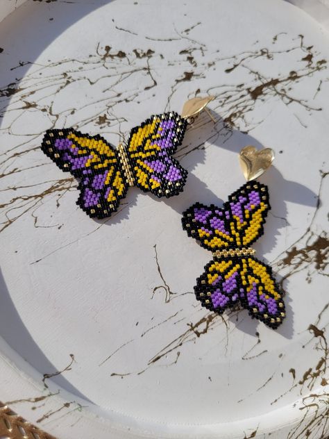 Purple Butterfly Miyuki Delica Beaded Earrings - Handcrafted Nature-Inspired Jewelry Butterfly Beaded Earrings, Delica Beaded Earrings, Beaded Butterfly Earrings, Purple Beaded Earrings, Beaded Earrings Patterns, Vibrant Purple, Nature Inspired Jewelry, Miyuki Beads, Metal Accessories