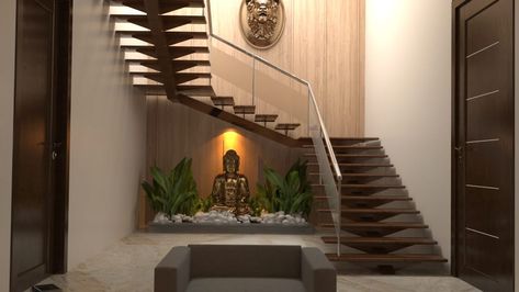 Buddha Under Staircase, Decoration Under Stairs Interior Design, Garden Below Staircase, Staircase Under Ideas Interior Design, Staircase Down Area Design, Staircase Under Design, Under Staircase Ideas Modern, Under Steps Ideas, Staircase Reference