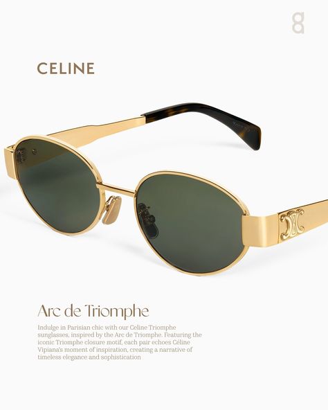 Since its inception, Celine has defined Parisian elegance. The Triomphe 01 sunglasses reflect this legacy with their impeccable design and refined craftsmanship. inspired by the grandeur of Paris’s Arc de Triomphe, these shades feature a luxurious gold frame and refined green lenses. Perfect for those who seek timeless elegance in every moment. #celine #celinetriomphe #celinemetal01 Celine Gold Sunglasses, Triomphe Celine Sunglasses, Celine Accessories Jewelry, Celine Sunglasses Triomphe, Celine Triomphe Sunglasses, Parisian Elegance, Sunglasses Celine, Elegant Sunglasses, French Luxury Brands