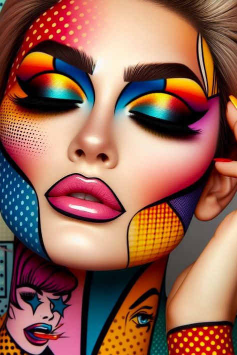 #makeup#art#wallpaper#AI#beauty#skin#smoothskin#lipstick#hairstyle#jewelry#fashion Fashion Fantasy Makeup, Pop Art Makeup Ideas, Abstract Makeup Art, Cool Full Face Makeup Art, Pop Art Makeup Tutorial, Full Face Artistic Makeup, Adult Face Painting, Makeup Illustration, Pop Art Makeup