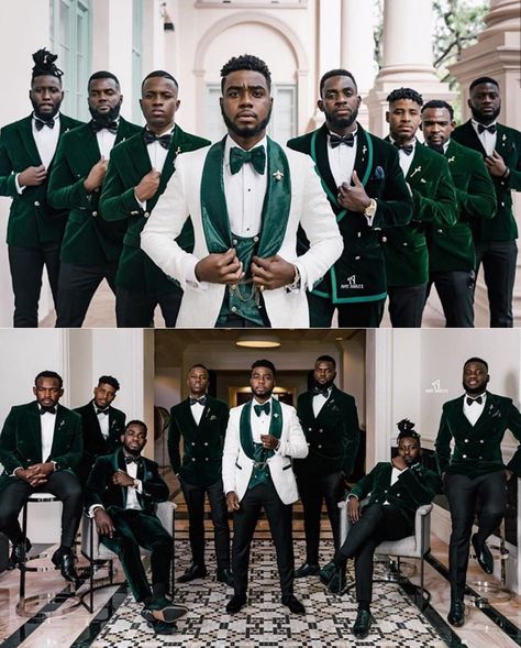 Emerald Wedding Invitations, Groom Attire Black, Green Wedding Suit, Bride Reception Dresses, Groom And Groomsmen Suits, Romantic Theme Wedding, Velvet Tuxedo, Wedding Tux, Groom Photoshoot