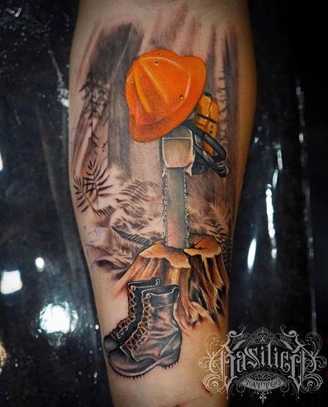 Logging Tattoo Ideas, Logging Tattoo, Construction Tattoo For Men, Chainsaw Tattoo Design, Lumberjack Tattoo, Excavator Tattoo Ideas, Tree Logger Tattoo, Chainsaw Tattoo, Arborist Tattoo