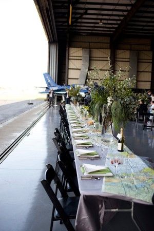 Airplane Hanger Party, Hanger Wedding Reception, Airplane Hanger Wedding, Aviation Wedding Theme, Pilot Wedding, Airport Wedding, Aviation Party, Hangar Wedding, Airplane Hanger