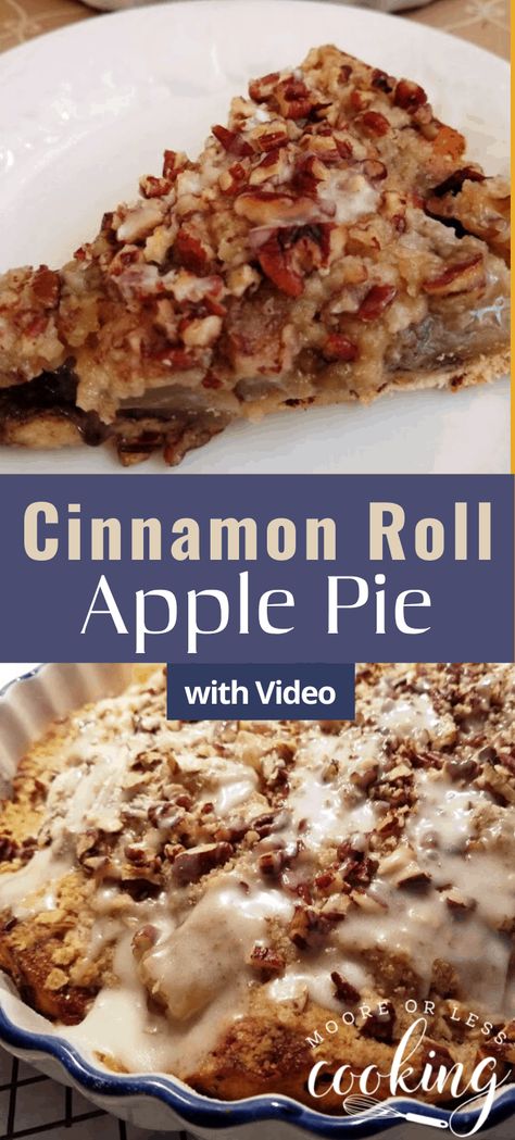 Cinnamon Roll Apple Pie: The only thing better than apple pie is apple pie with a cinnamon roll crust! This easy recipe only takes 20 minutes to prepare and can be served for breakfast or dessert or both! #mooreorlesscooking #applepie #cinnamonroll #dessert #easy Brunch Cinnamon Rolls, Cinnamon Roll Pie, Cinnamon Roll Crust, Cinnamon Roll Apple Pie, Easy Easter Brunch, Dreamy Desserts, Family Desserts, Best Pie, Delectable Desserts