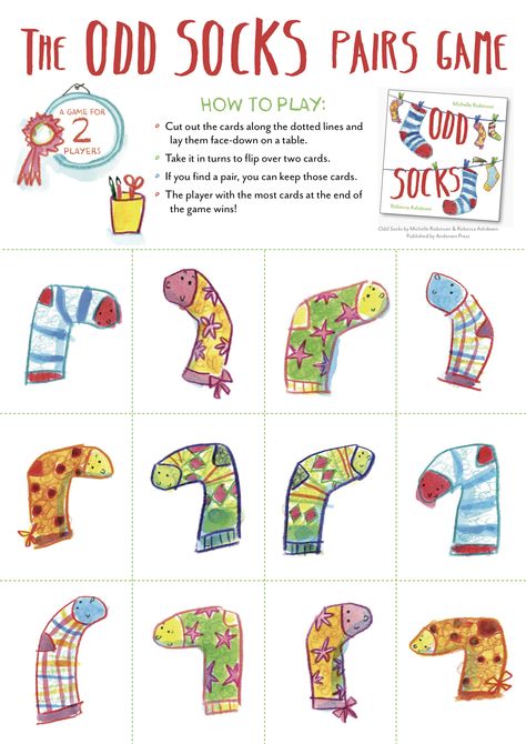 Socks matching pairs game - from ODD SOCKS, Michelle Robinson & Rebecca Ashdown, Andersen Press 2016 Crazy Sock Day Activities, Silly Sock Day Activities, Body Sock Activities, Odd Socks Day School, A Pair Of Socks Book Activities, Sock Activities, Funky Socks Day At School, Twos Activities, Odd Socks Day