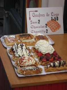 Gaufres. Belgian waffles from a street vendor in Brussels...the best thing I have ever eaten. Really. You don't even need all that business on top. Liege Waffles Recipe, European Heritage, Waffle Shop, Yummy Waffles, Liege Waffle, Manneken Pis, Pearl Sugar, Street Vendor, Belgian Waffles