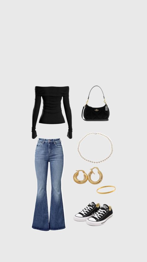 Black Off The Shoulder Long Sleeve, Dark Flare Jeans, Black Purse, White Pearl Choker, Gold Hoops, Gold Bangle, Black Low Converse Late Summer Outfits Early Fall Date Night, Late Summer Outfits Early Fall, Outfits Early Fall, Fall Date Night, Late Summer Outfits, Going Out Outfit, Fall Dates, Going Out Outfits, Clothes Ideas