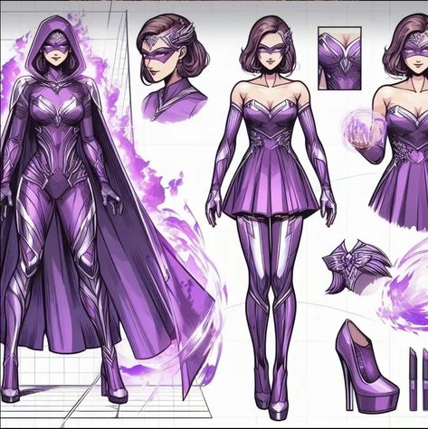 Purple Hero Costume, Super Hero Costume Ideas, Super Suits Female Design, Black And Purple Hero Costume, Female Villain Character Design, Female Superhero Costumes Design, Hero Costumes Design Female, Superhero Suits Female Electricity, Black And Purple Superhero Suit Female