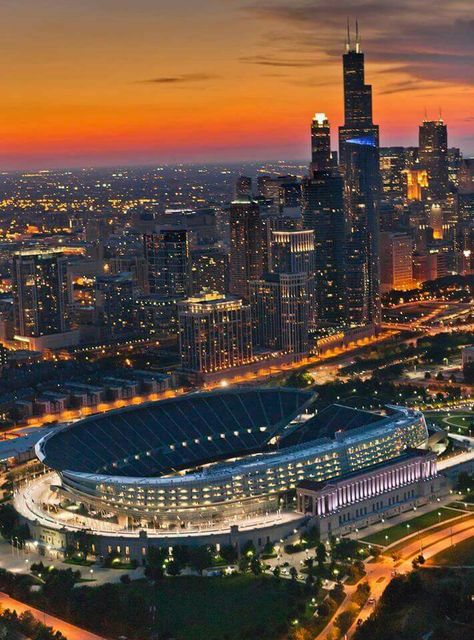 Soldier Field and skyline aerial view, Chicago Helicopter Experience (Chicago Pin of the Day, 2/16/2016). Chicago Sights, Soldier Field Chicago, Bears Game, Chicago Bears Football, Chi Town, Soldier Field, City At Night, Chicago Sports, Lake Shore