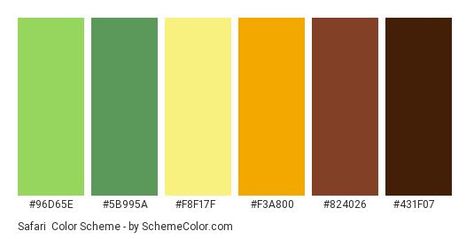 Safari - Color scheme palette thumbnail - #96D65E #5B995A #F8F17F #F3A800 #824026 #431F07 Hexadecimal Color, Green Name, Brown Color Schemes, Yellow Violet, Colors Schemes, Colour Matching, Aesthetic Board, Colors Palette, Green Colour Palette