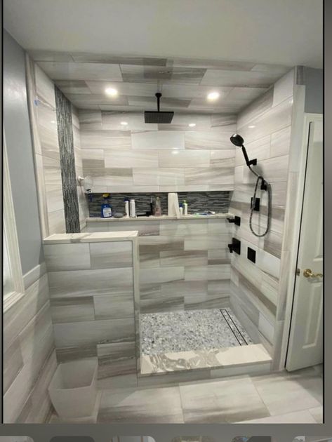 L Shaped Shower Walk In, Small L Shaped Bathroom, L Shaped Bathroom Layout, Walk In Shower With Wall No Door, Master Shower Remodel, Walk In Shower With Half Wall, Sanctuary Bathroom, Master Shower Tile Pebble Floor, Matt Bathroom