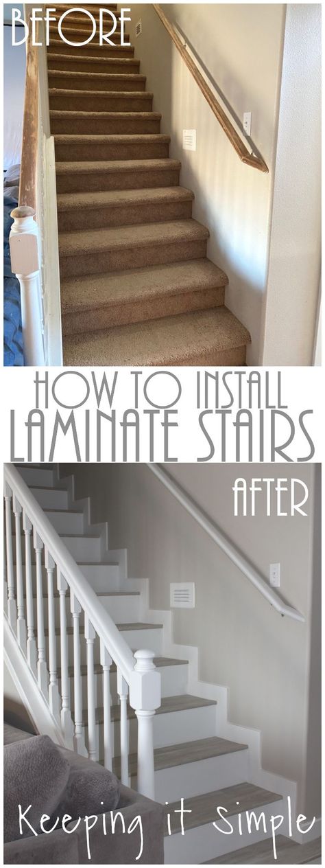 Stairs With White Risers, Stairs Diy Renovation, White Stair Risers, Laminate Flooring On Stairs, Stairs Remodel, Diy Stairs Makeover, Diy Staircase Makeover, Stairs Makeover Ideas, Laminate Stairs