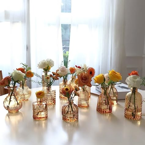 Assorted bottle vases for wedding centerpieces Small Vase Centerpiece, Small Vases With Flowers, Bud Vases Wedding, Bud Vase Centerpiece, Vases For Centerpieces, Bud Vases Flowers, Glass Vases Centerpieces, Vases For Flowers, Small Glass Vases