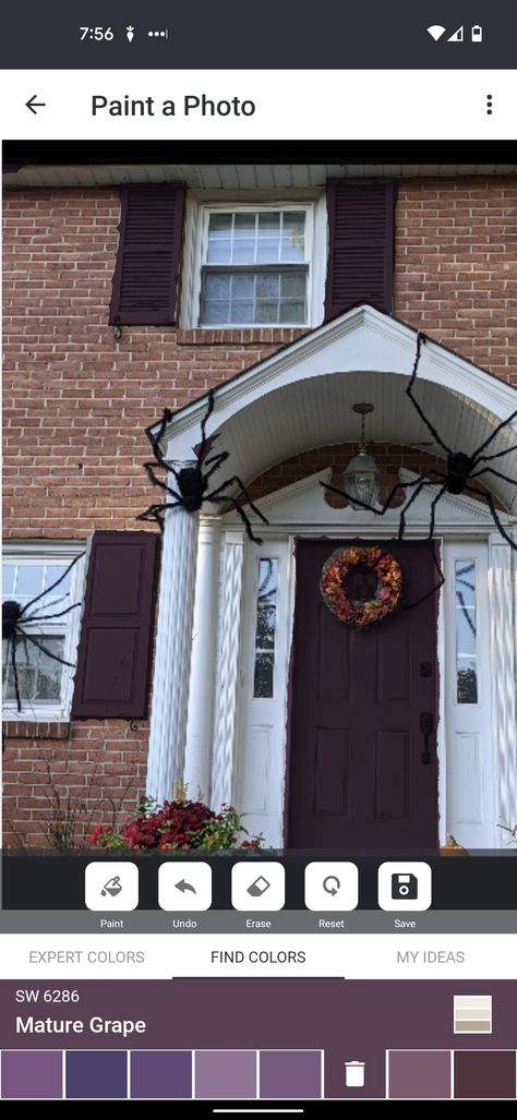 Colonial brick house with plum front door and shutters using Sherwin Williams app Plum Shutters, Plum Front Door, Purple Shutters, Colonial Brick House, Shutters Brick House, Door Shutters, Nest Ideas, House Shutters, Purple Door