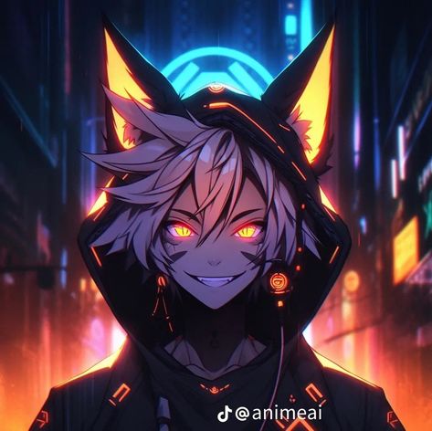 Wolf hoodie Ai, a male with dark grayish-silver hair and orangeish-yellow glowing eyes, has a city background. Wearing a black hoodie with orange highlights and wolf ears. Seen smiling at the viewer with a toothy grin. Wolf Hoodie With Ears, Toothy Grin, Wolf Hoodie, Orange Highlights, Wolf Ears, Glowing Eyes, Animal Hoodie, City Background, Wolf Head