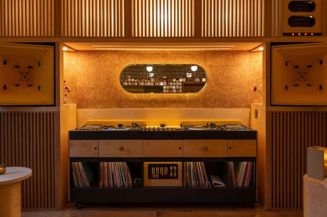 Japanese Bar Design, Record Bar, Disco Bar, Japanese Bar, Concrete Terrazzo, Sound Wall, Listening Room, Living In Paris, Painted Brick