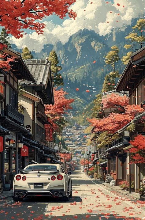 Car Landscape, Car Nature, Beautiful Scenery Paintings, Nature Landscape Art, Cars Pics, Nissan Gtr Wallpapers, Serie Bmw, Japanese Pop Art, Motorcycle Illustration