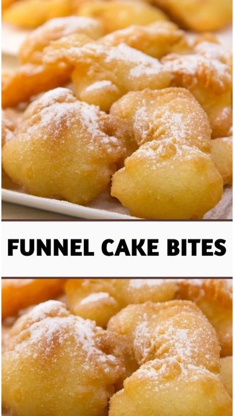 Funnel Cakes Recipe Easy, Woofums Recipes, Funnel Cake Bites Easy, Fun Baking With Kids, Small Dessert Recipes, Funnel Cake Bites Recipe, Cake Bites Recipe, Carnival Eats, Funnel Cake Recipe Easy