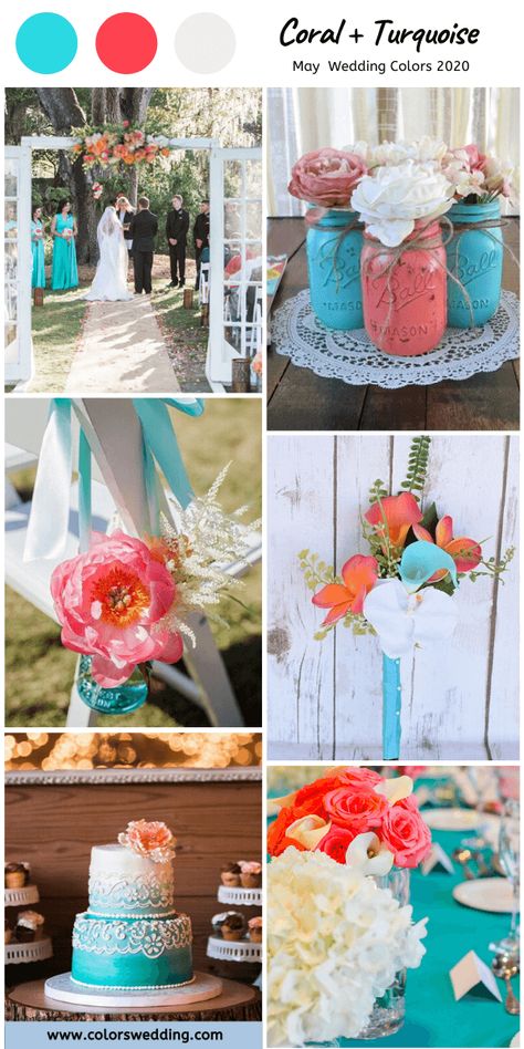 Colors Wedding | Best 8 May Wedding Color Schemes for 2020 Turquoise And Coral Wedding Decorations, Coral And Turquoise Wedding Colors, Black Groom Attire, Turquoise Coral Weddings, Turquoise Wedding Cake, May Wedding Colors, Coral Wedding Decorations, Spring Wedding Color Palette, Rose Gold Wedding Cakes