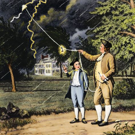 #ThisWeekinHistory 1752, Benjamin Franklin flies a kite during a thunderstorm and collects a charge in a Leyden jar when the kite is struck… Benjamin Franklin Electricity, Philadelphia Experiment, Go Fly A Kite, Ben Franklin, Static Electricity, Benjamin Franklin, Painting Art Projects, Back In The Day, Philadelphia