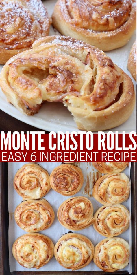 baked monte cristo rolls on parchment-lined baking sheet, and on plate Game Day Food Crescent Rolls, Monte Cristo Crescent Rolls, Monte Christopher Pinwheels, Monte Cristina Pinwheels, Crossiant Appetizer Recipes, Monte Cristo Roll Ups, Monte Cristo Pinwheels Puff Pastry, Ham And Swiss Crescent Rolls, Ham Crescent Roll Recipes