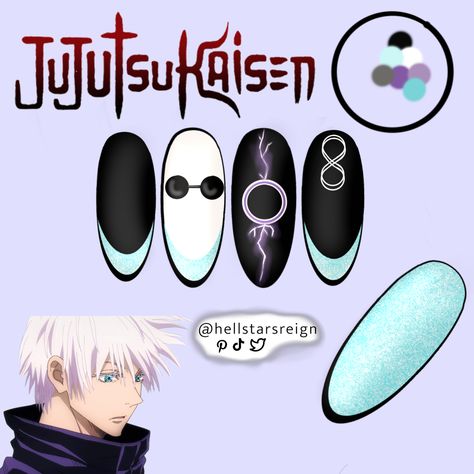 Anime Nails Art Jujutsu Kaisen, Gojo Nails Design, Gojo Satoru Nails Art, Anime Nail Ideas Jujutsu Kaisen, Gojo Nail Ideas, Gojo Themed Nails, Gojo Satoru Nails Design, Jjk Nails Designs Gojo, Gojo Nail Art