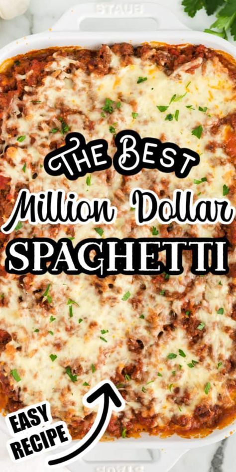 Million Dollar Spaghetti is a tasty, cheese and meat-filled pasta casserole that will feed and fill up a big family or group! This easy casserole is the perfect dinner recipe for even the pickiest eaters. Make it with ground beef, turkey, chicken or vegetarian! Loaded with cheese, garlic, sauce and more! So delicious! Million Dollar Spaghetti Recipe, Million Dollar Spaghetti Casserole, Spaghetti Casserole Recipe, Spaghetti Recipes Easy, Million Dollar Spaghetti, Baked Spaghetti Recipe, Filled Pasta, Spaghetti Casserole, Turkey Chicken