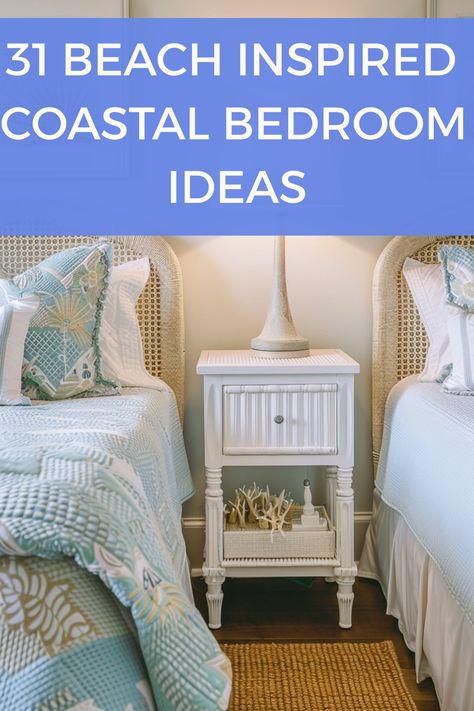 Discover 31 beach-inspired coastal bedroom ideas. Infuse your space with soft blues, sandy neutrals, and airy whites. Incorporate natural textures like driftwood, seashells, and woven accents. Use light, breezy fabrics, nautical decor, and ocean-themed artwork to create a serene, beachy retreat that captures the essence of coastal living. Costal Themed Bedrooms, Coastal Guest Room Ideas, Beachy Farmhouse Bedroom, Coastal Bedroom Colors, Neutral Coastal Bedroom, Coastal Guest Room, Coastal Guest Bedroom, Beachy Farmhouse, Rm Style