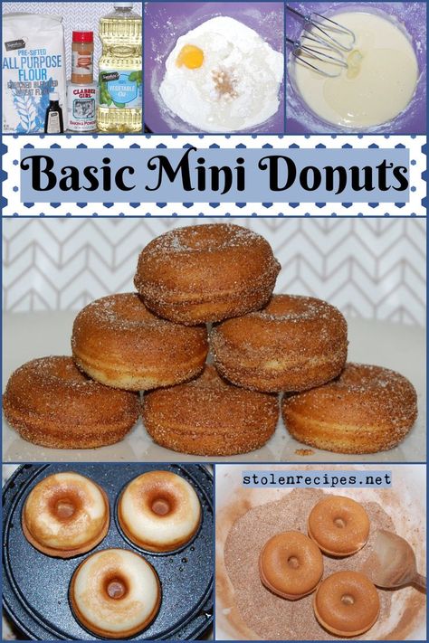 These delicious donuts are baked in a mini donut maker. Flour, sugar and baking powder are whisked together in a bowl. Then an egg, milk and vanilla are mixed in with an electric mixer. Next vegetable oil is beaten in for an additional minute. The batter is poured into the mold and baked into golden. While the donuts are still hot, the donuts are dipped in a mixture of cinnamon and sugar. Doughnut Batter For Doughnut Maker, Easy Mini Donut Recipe For Donut Maker, Donut Batter For Donut Maker, Electric Mini Donut Maker Recipes, Donut Maker Recipes Mini, Dash Mini Donut Maker Recipes, Donut Recipe For Mini Donut Maker, Mini Doughnut Maker Recipes, Donut Batter Recipe