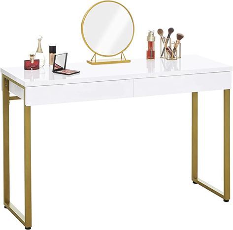 Amazon.com: GreenForest Vanity Desk with 2 Drawers Glossy White Makeup Table 47 inch Modern Home Office Computer Desk Dressing Console Table with Metal Gold Legs for Bedroom,Without Mirror : Home & Kitchen White Desk With Drawers, White Vanity Table, White Vanity Desk, Desk Makeup, Computer Writing, Spiegel Gold, Minimalist Vanity, Heels Luxury, Porch Table