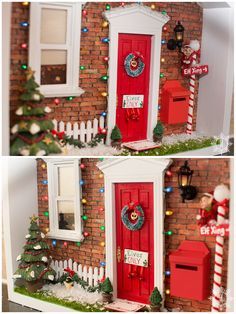 Mini Christmas Door, Christmas Mini Decorations, Christmas Elf House Diy, Diy Elf Door On The Shelf, Elf House Ideas, Diy Elf House, Elf Door Ideas, Elf On The Shelf House Diy, Elf House Diy