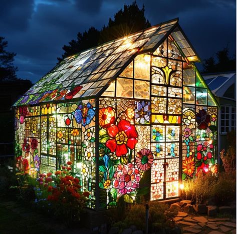 Greenhouse Aesthetic Cozy, Stained Glass Fence, Stained Glass Greenhouse, Colorful Greenhouse, Greenhouse Aesthetic, Stained Glass Garden, Backyard Greenhouse, Small Greenhouse, She Sheds