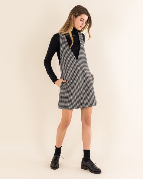 A Frame Dress, Wool Pinafore Dress, Pinafore Dress Outfit Winter, V Neck Pinafore Dress, Wool Pinafore, Blue Pinafore Dress, Pinafore Dress Outfit, Pinafore Outfit, Jumper Dress Outfit