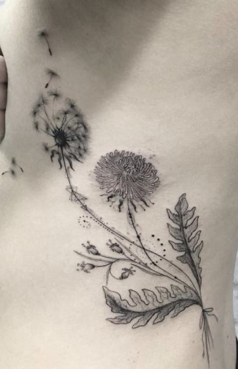 Dandelion And Bee Tattoo, Dandelion Fluff Tattoo, Dandelion Spine Tattoo, Fine Line Dandelion Tattoo, Dandelion Tattoo Design, Lion Flower, Dandelion Tattoo, Bee Tattoo, Collar Bone Tattoo