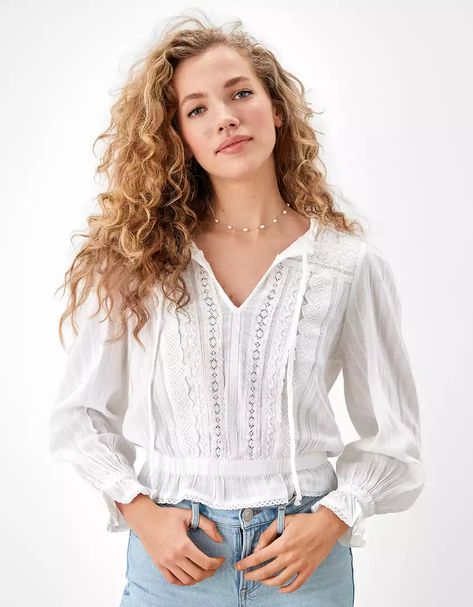 AE Long-Sleeve Lace Blouse Flowy Tops Summer, Green Flannel Shirt, Feminine Vibes, Ikat Blouse, White Peasant Blouse, Lace Blouse Long Sleeve, Fall Blouse, Woven Sweater, Layered Blouse