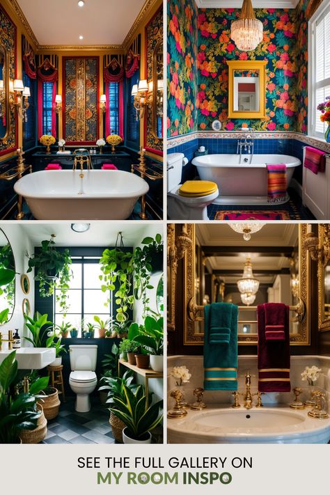 Discover 29 unique maximalist bathroom styles through 4 inspiring images, showcasing bold colors, eclectic decor, and creative designs. Maximalist Bathroom Ideas, Maximalist Bathrooms, Eccentric Bathroom, Maximalist Decor Bedroom, Funky Bathrooms, Maximalist Bathroom, Art Deco Bathroom, Maximalist Decor, Statement Lighting